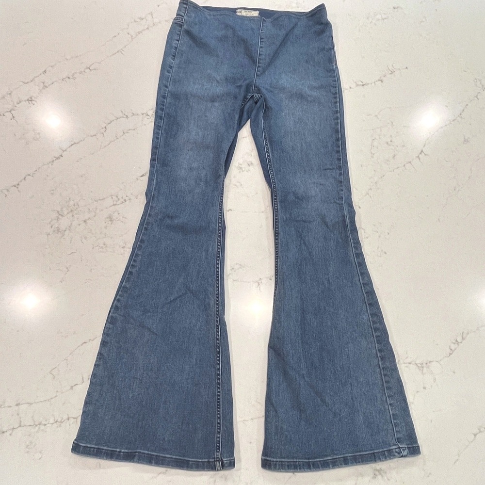 Free People Penny Pull On Flare Jeans Womens 30 Blue Festival Stretch 70s Boho